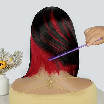 Парики-бобы для женщин, красный парик-Ку-Ку, синтетические волосы, прямой парик-боб длиной до плеч, черный с красными бликами, парик-каре 12 дюймов