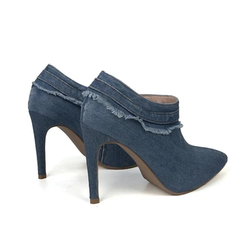 Пикантные женские ботильоны, синие джинсы, осенне-весенние Короткие ботинки Для женщин, Джинсовая обувь на высоком каблуке, вечерние туфли с острым носком