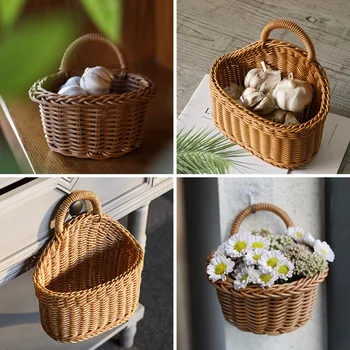 Плетеная кухонная корзина для хранения с ручкой Плетеные подвесные корзины для фруктов, органайзер для мелочей, Настенная корзина для растений