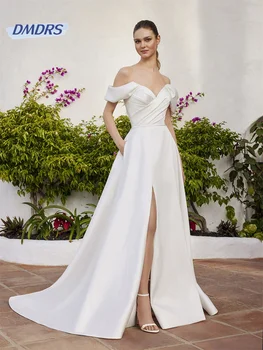 Пляжное свадебное платье с круглым вырезом и открытыми плечами, простое свадебное платье А-силуэта длиной до пола, романтическое Vestidos De Novia