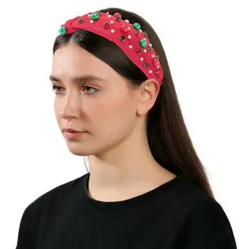 Рождественская повязка на голову с узлом, красная лента для волос, модная зеленая повязка, элегантная повязка на голову с узлом, украшенная драгоценными камнями, украшенная кристаллами