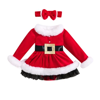 Рождественские наряды для маленьких девочек из 2 предметов, Платье-комбинезон с меховой отделкой и повязкой на голову, Комплект одежды для новорожденных