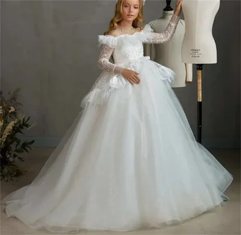 Роскошный тюль, расшитый бисером, блестки, перо с бантом, платье для девочек в цветочек для свадьбы, детское праздничное платье для евхаристии на день рождения. 0
