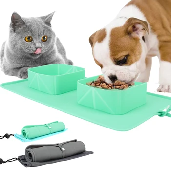 Силикон С фланелевой сумкой, складные двойные миски, Портативная миска для домашних животных, Контейнер для корма для собак, кошек, поилка для путешествий на открытом воздухе