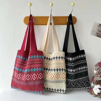Тканые женские сумки через плечо, женские дизайнерские сумки из вязаной тесьмы, зимние рождественские аксессуары, Боковая сумка для покупок для женщин 1