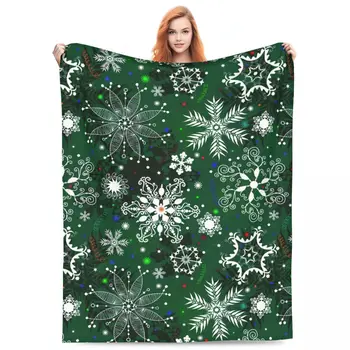 Фланелевое одеяло с рождественской снежинкой, зеленый принт, Мягкое теплое покрывало для дивана-кровати, Покрывало для путешествий в самолете, Покрывало для дивана-кровати